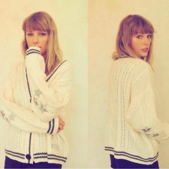 Taylor Swift Sweaters - Taylor Swift Cream Cable Knit Stars Folklore Cardigan Size L/XL